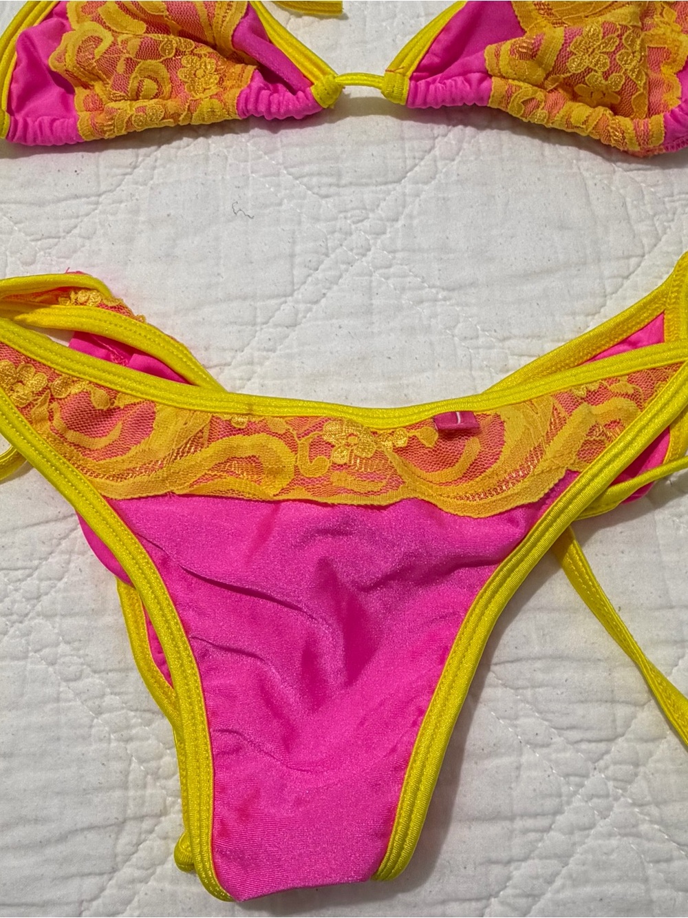 Pink and Yellow Lace Trim Triangle Bikini S/M - Picture 2 of 6